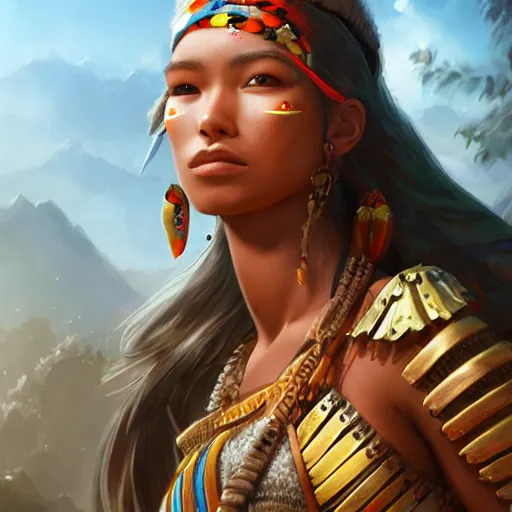Image similar to hyperrealistic very beautiful tribal warrior women in front of a village, lucious appearance, joyful vibe and lighting, cgsociety, artstation, in the style of artgerm