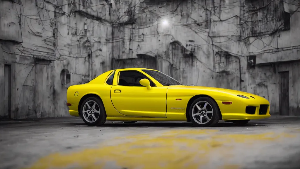 Image similar to a yellow mazda rx 7 with body kit, cinematic, nikon d 7 5 0, long exposure, white balance, 8 k, led, lumen global illumination, fog, ray tracing reflections, fxaa, rtx, post - production