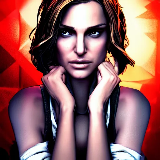 Image similar to natalie portman portrait, borderlands, tales from the borderlands, the wolf among us, comic, cinematic lighting, studio quality, 8 k