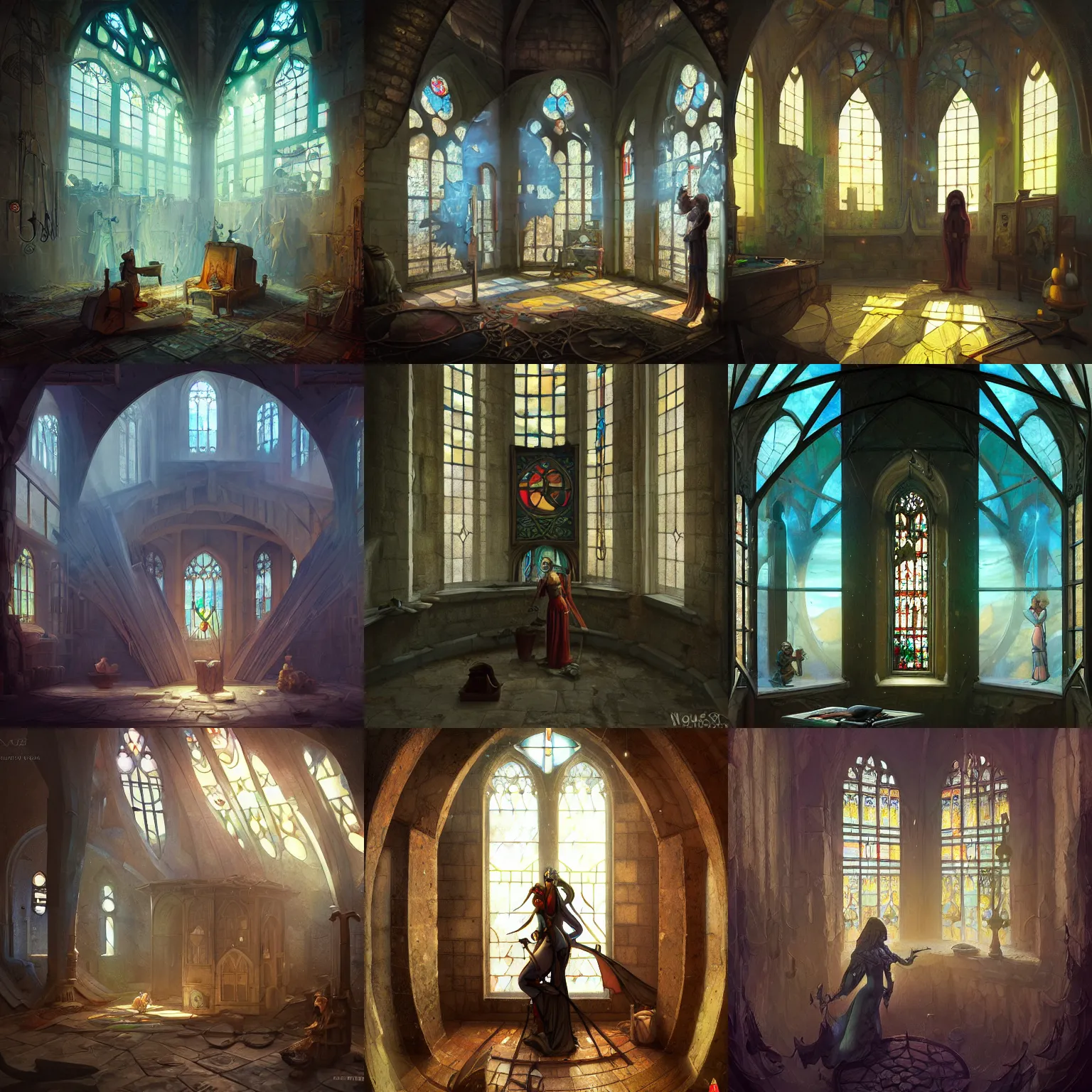 Prompt: post - medieval art painter studio inside a tower, stained glass window, light dust, by peter mohrbacher dan mumford craig mullins nekro, cgsociety, pixiv, volumetric light, 3 d render