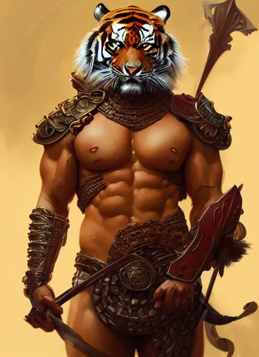 Image similar to portrait of tiger, d & d, muscular! fantasy, armour, intricate, elegant, highly detailed, digital painting, artstation, concept art, smooth, sharp focus, illustration, art by artgerm and greg rutkowski and alphonse mucha