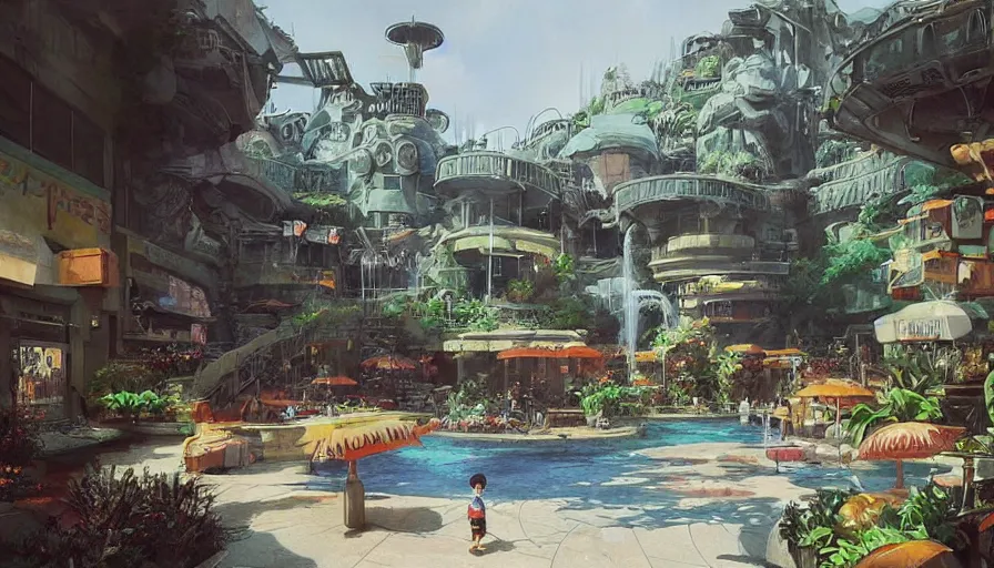 Image similar to “ craig mullins and studio ghibli illustration of 1 9 8 0 s shopping mall, lush landscape, 1 9 8 0 s pop culture landscape, big fountains, unreal engine, hyper realism, realistic shading, cinematic composition, realistic render, octane render, detailed textures, photorealistic, wide shot ”