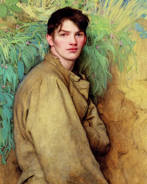 Image similar to francis edwin brownell, portrait painting by richard schmid, edgar maxence, kehinde wiley, thomas moran, maxfield parrish, studio ghibli, loish, alphonse mucha, fashion photography