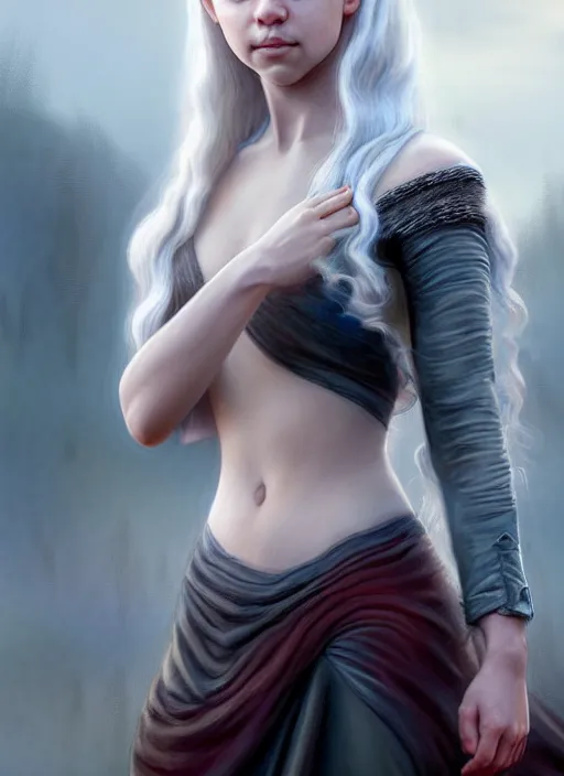 Image similar to photo of a gorgeous young daenerys targaryen in the style of stefan kostic, realistic, professionally, professionally color graded, half body shot, sharp focus, 8 k high definition, insanely detailed, intricate, elegant, art by stanley lau and artgerm