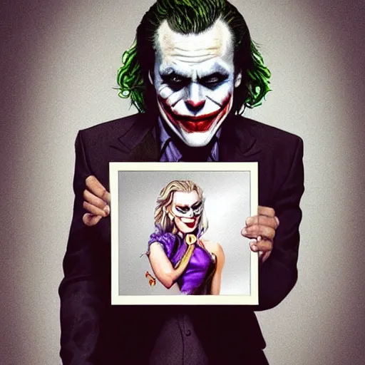 Image similar to the joker holding a printed photo of Margot Robbie, digital painting, amazing detail, artstation, cgsociety