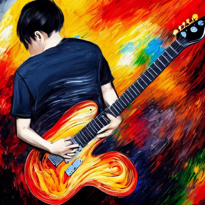 Prompt: abstract large swirly brush strokes painting of a young korean man wearing black v neck t shirt holding a telecaster!!! electric guitar!!, candid!! dark background, huge thick flowing dramatic brush strokes, matte colors, abstract, emotional masterpiece, impressionist, motion, trending on artstation