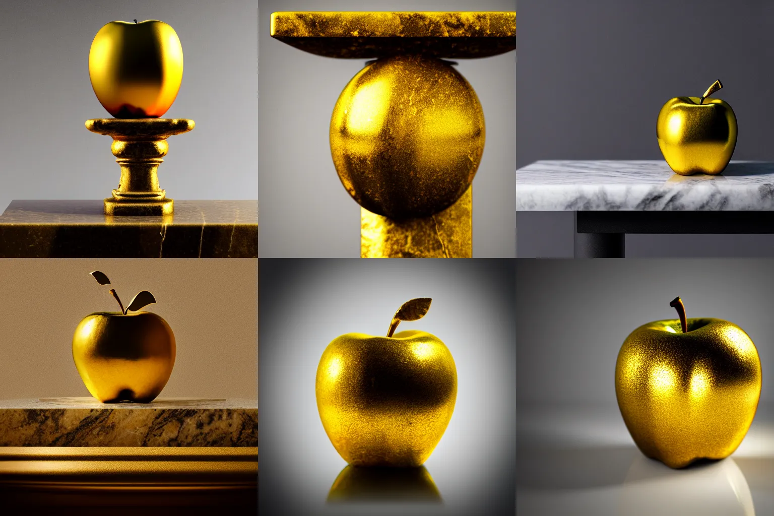 Prompt: ancient gold apple sitting on a tall roman pillar made of marble, realistic, studio lighting, 4 k, depth of field