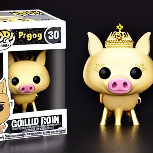 Prompt: pig wearing a gold crown funko pop