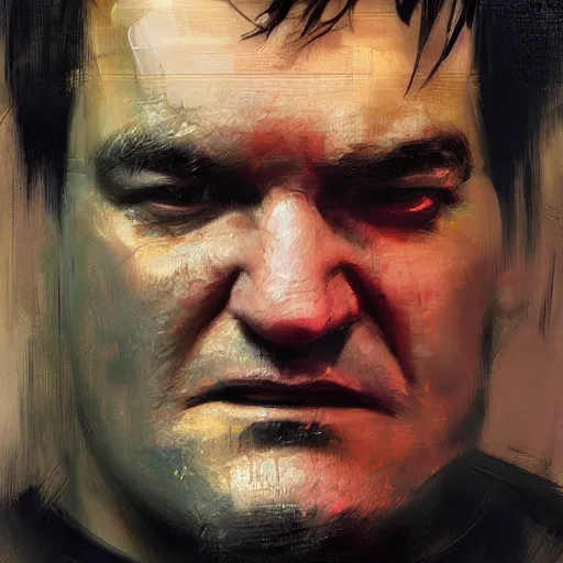 Prompt: A realistic hyperdetailed wide-shot digital oil portrait painting of an quentin tarantino in the style of Guy Denning, Ruan Jia, and Craig Mullins. Trending on ArtStation, DeviantArt, and Instagram. CGSociety Digital art. quentin tarantino.