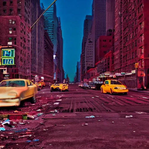 Prompt: color photograph, highly detailed abandoned New York city street at night after the war between humans and AIs, film grain, soft vignette, sigma 85mm f/1.4 1/10 sec shutter, film still promotional image, IMAX 70mm footage