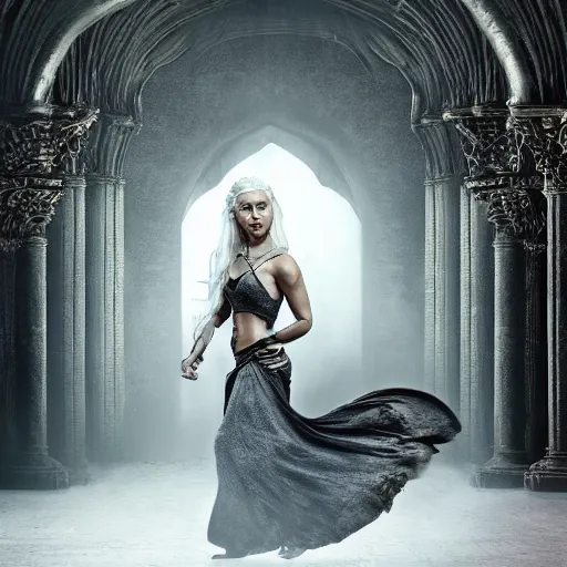 Prompt: digital matte painting of daenerys targaryen dancing alone in a dark gothic style ballroom, detailed face dark dramatic mysterious style of luis royo, 8 0 mm camera, high detail, hd 8 k