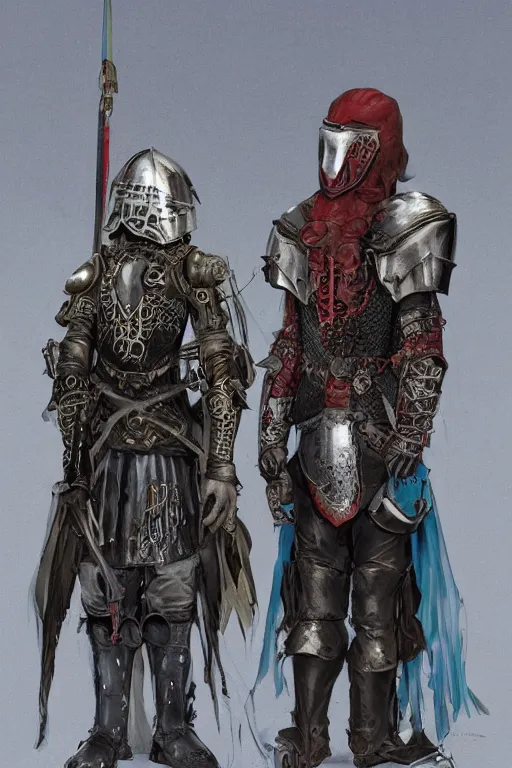 Image similar to Render of Young Olsen twins as a medieval fantasy knight wearing dark steel scale armor and garments, red and blue jewerly ornaments, emerald jewelry, high fantasy, gothic, Sparth style, Final Fantasy style, Tsutomu Nihei style, Emil Melmoth style, Craig Mullins style, Shinkawa style, centered image, golden hour, soft lighting aesthetic, volumetric lighting,