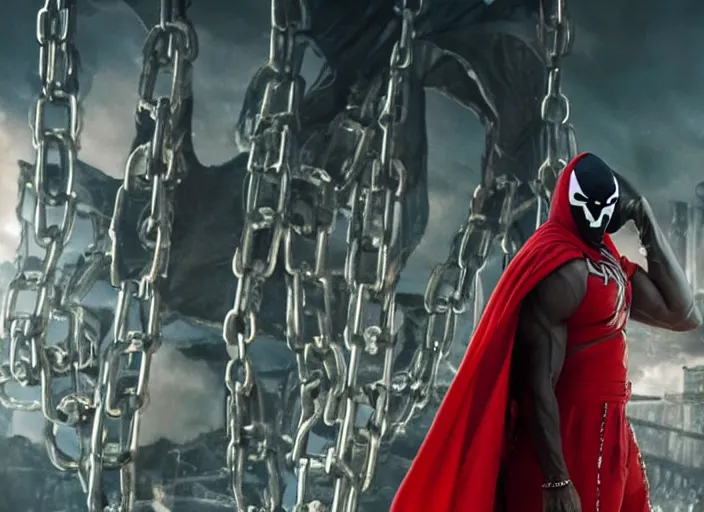 Image similar to film still of michael b jordan as spawn in the new spawn movie, giant chains, large cape, 8 k