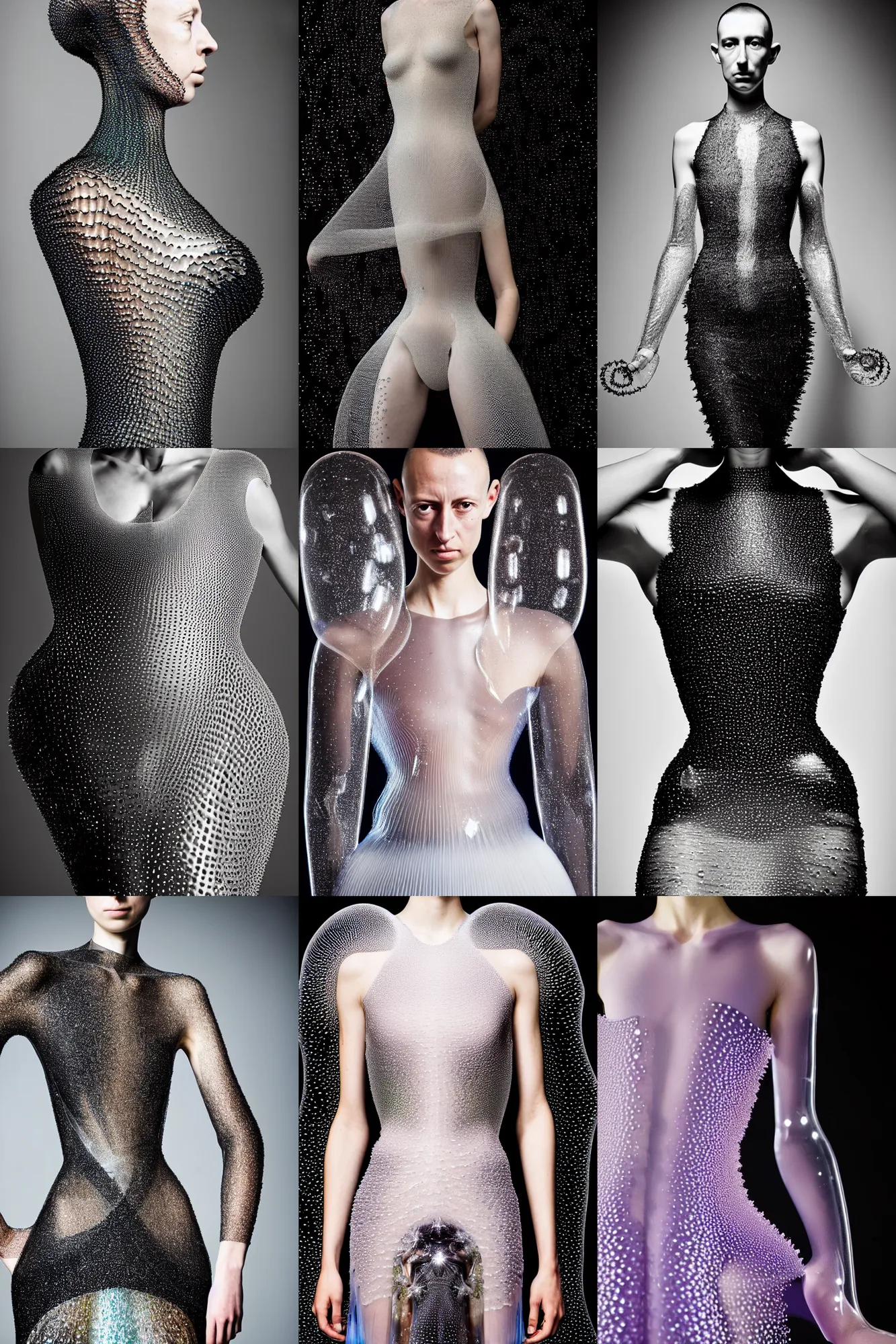 Prompt: iris van herpen haute couture collection central piece coated thousands of different size glass bubbles with transparent silicone to form a bioluminescent prism as a glass dress, the bubbles are arranged into a high - necked, sleeveless bodice and extended out from the waist into a skirt, curvy model, expert photography sigma 8 5 mm f _ 8, high detail