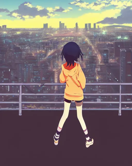 Prompt: anime visual, portrait of a young black haired girl wearing hoodie sightseeing above the city, guardrail, cute face by yoh yoshinari, katsura masakazu, dramatic lighting, dynamic pose, dynamic perspective, strong silhouette, ilya kuvshinov, anime cels, rounded eyes, moody