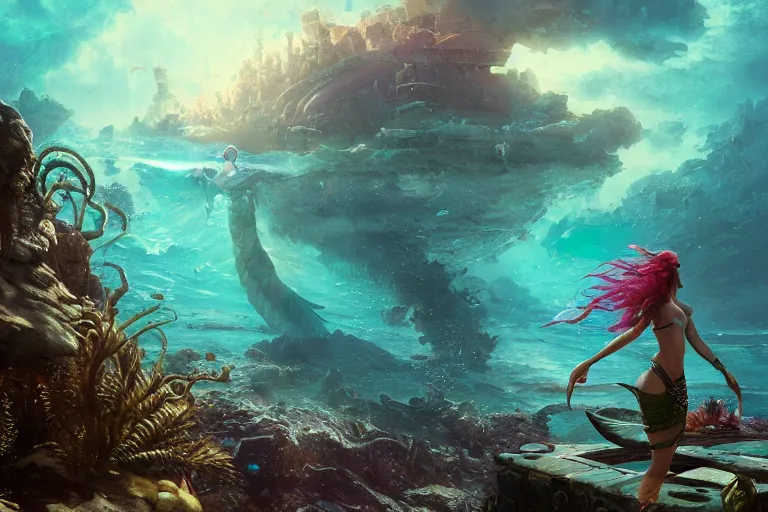 Image similar to a beautiful mermaid looking at the sunken city of Atlantic under water, ray of sunlight, Greg Rutkowski, Mohrbacher, volumetric lighting, octane render, 4K resolution, trending on artstation, masterpiece, vivid colours