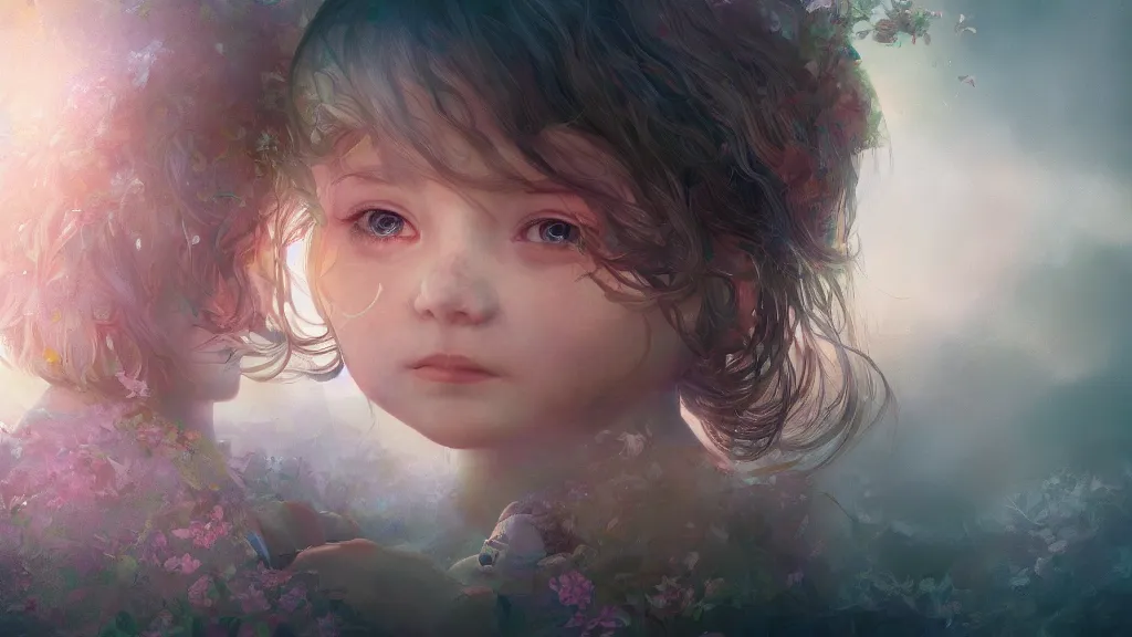 Image similar to a beautiful portrait of a little girl lost in a delightful world of thought, surreal, concept art, detailed, artstation, 4k