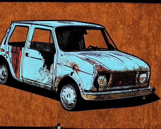Prompt: Illuminated medieval manuscript of a rusty Fiat 126p