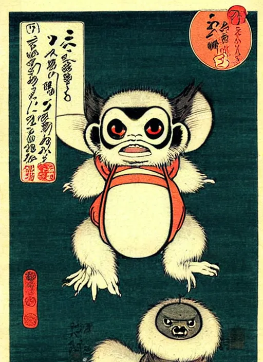 Prompt: gizmo the mogwai as a yokai illustrated by kawanabe kyosai and toriyama sekien