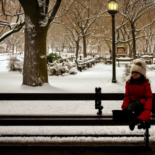 Prompt: Detailed photo of Maisy Williams sitting on a bench in Central Park during the winter, light snow, a lamp illuminates the area, 2K,