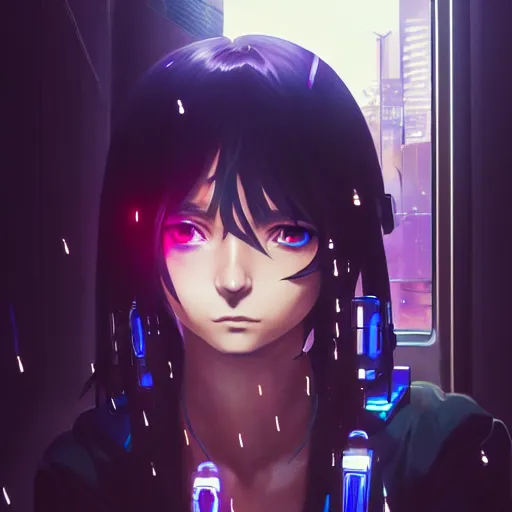 Image similar to cyberpunk anime art, refractions on lens, rowan atkinson as a beautiful cyborg girl in the style of arcane, full round face, biomechanical details, full body shot, rain, wet street, window reflections, lens flare, wlop, ilya kuvshinov, artgerm, krenz cushart, greg rutkowski