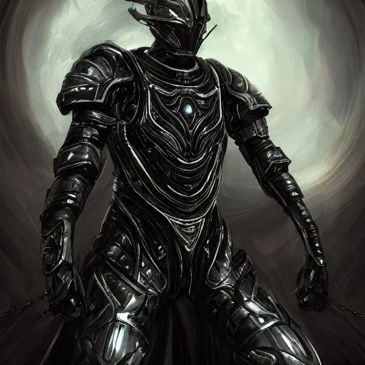 Image similar to portrait of a man in black futuristic armor sitting atop a throne with hoses connecting him to it D&D, fantasy, elegant, hopeful, cosmic, muscular, highly detailed, digital painting, artstation, concept art, smooth, sharp focus, illustration