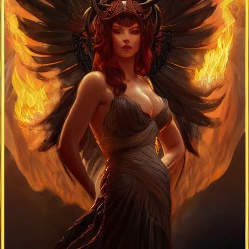 Prompt: a great lucifer, great wings, demon horn with fire on head, long dark hair, intricate, elegant, highly detailed, digital painting, artstation, concept art, smooth, sharp focus, illustration, art by artgerm and greg rutkowski and alphonse mucha