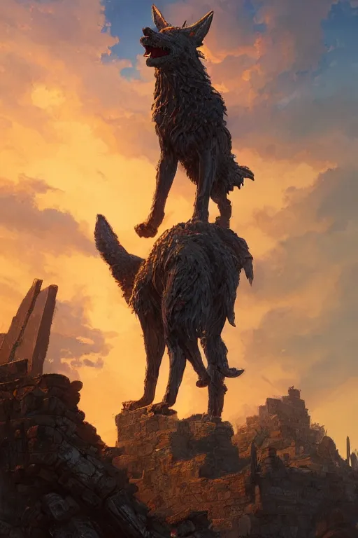 Prompt: a beautiful artwork illustration, statue of Fenrir standing over a medieval village at sunset, fiery destruction, by Greg Rutkowski and Jesper Ejsing and Raymond Swanland, featured on artstation, wide angle, vertical orientation