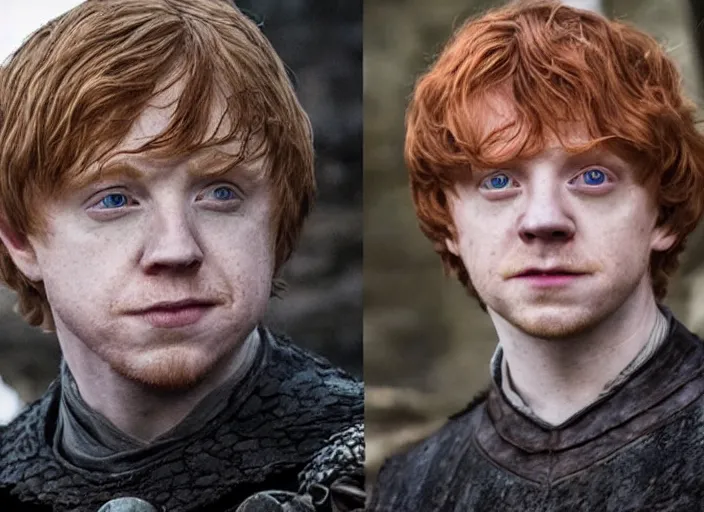 Prompt: handsome ron weasley in game of thrones, attractive rupert grint in game of thrones, handsome portrait of the actor, live action film, cinematic photo, clear hd image