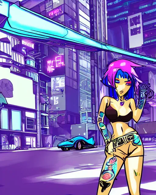 Image similar to cel shaded art of a pretty blue haired girl standing next to a purple lamborghinil, jet grind radio graphics, cyberpunk city street background