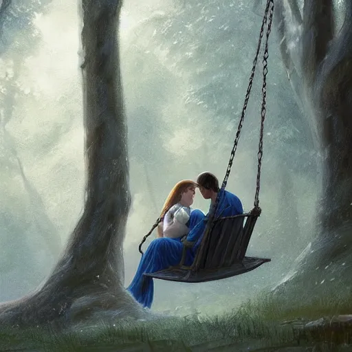 Prompt: a couple sitting on a swing together, blurred backround, back profile, beautiful, digital painting, artstation, concept art, soft light, hdri, smooth, sharp focus, illustration, fantasy, intricate, elegant, highly detailed, D&D, matte painting, in the style of Greg Rutkowski and Alphonse Mucha and artemisia, 8k, highly detailed, jurgens, rutkowski, bouguereau, pastoral, rustic, georgic