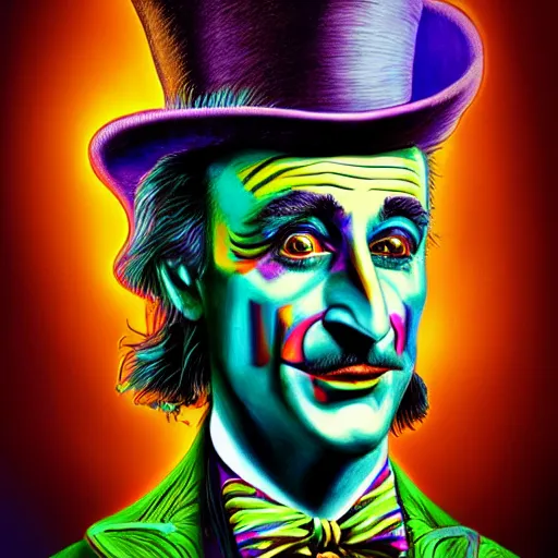 Image similar to an extremely psychedelic portrait of willy wonka as salvador dali, surreal, lsd, face, detailed, intricate, elegant, lithe, highly detailed, digital painting, artstation, concept art, smooth, sharp focus, illustration,