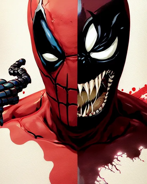 Prompt: highly detailed closeup portrait of a mutated venom symbiote in deadpool suit with a fierce expression, wearing his katana, by atey ghailan, by greg rutkowski, by greg tocchini, by james gilleard, by joe fenton, by kaethe butcher, red, black, crimson and grey color scheme