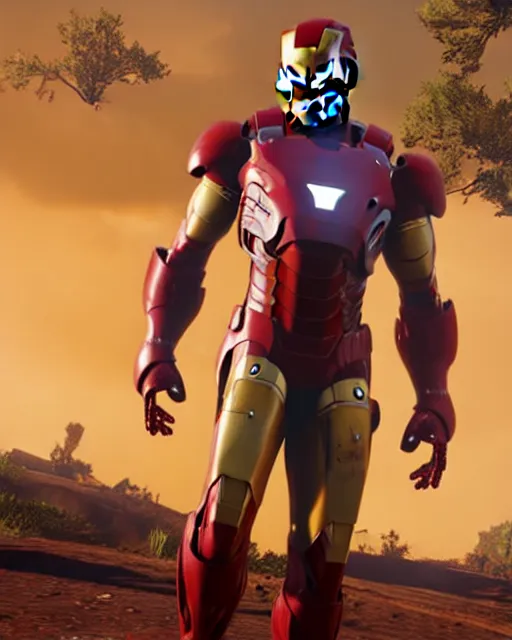Image similar to robust bulky and sleek iron man suit in red dead redemption 2, cinematic, photorealistic