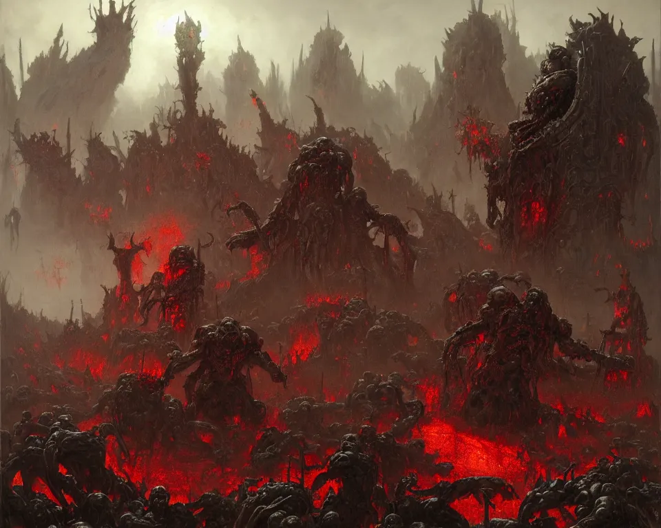 Image similar to doom eternal concept art by jakub rozalski, garden of eternal delights hell by hieronymus bosh, triumph of death by pieter brueghel, doom eternal hell by wayne barlowe