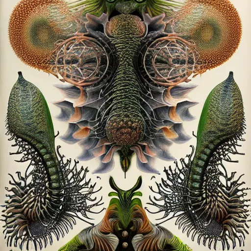 Image similar to hyper - detailed matte illustration of alien flora and fauna by iris van herpen based on plate 6 1 of art forms in nature by ernst haeckel