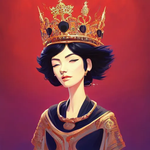 Image similar to face icon stylized minimalist a beautiful black haired woman with pale skin and a crown on her head sitted on an intricate metal throne, loftis, cory behance hd by jesper ejsing, by rhads, makoto shinkai and lois van baarle, ilya kuvshinov, rossdraws global illumination,