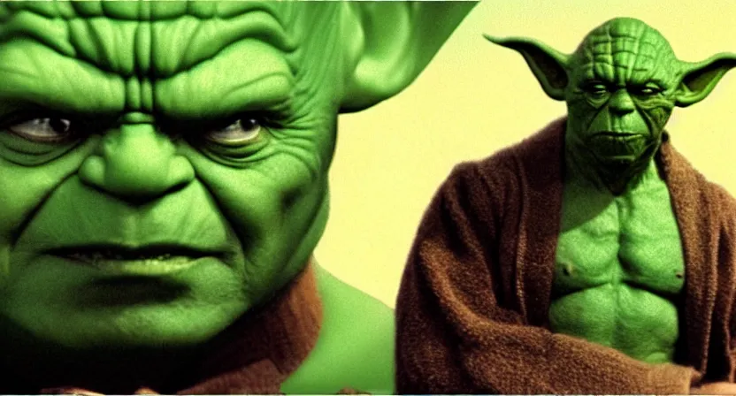 Image similar to a mix between Hulk and yoda, shot on technicolor cinemascope