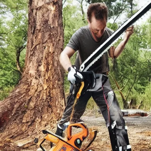 Prompt: man with chainsaws for limbs, chainsaw sticking out of his forehead