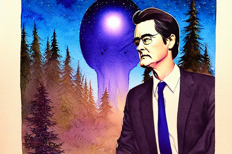 Image similar to a hyperrealist watercolour character concept art portrait of kyle maclachlan from twin peaks on well lit night in the forest with city lights. a ufo is in the background. by rebecca guay, michael kaluta, charles vess and jean moebius giraud