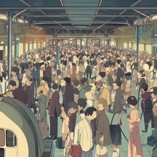 Prompt: A crowded old train station, by Dice Tsutsumi, Makoto Shinkai, Studio Ghibli