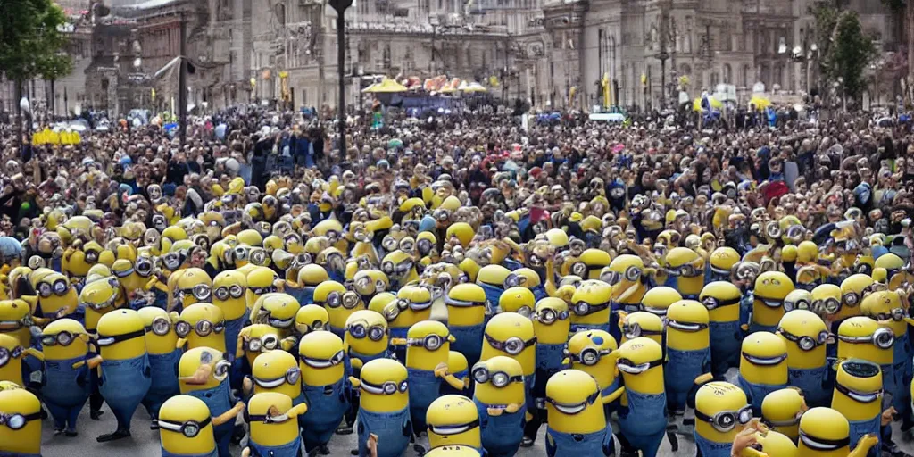 Image similar to minions in chains being marched through a city square, they are crying. far away shot