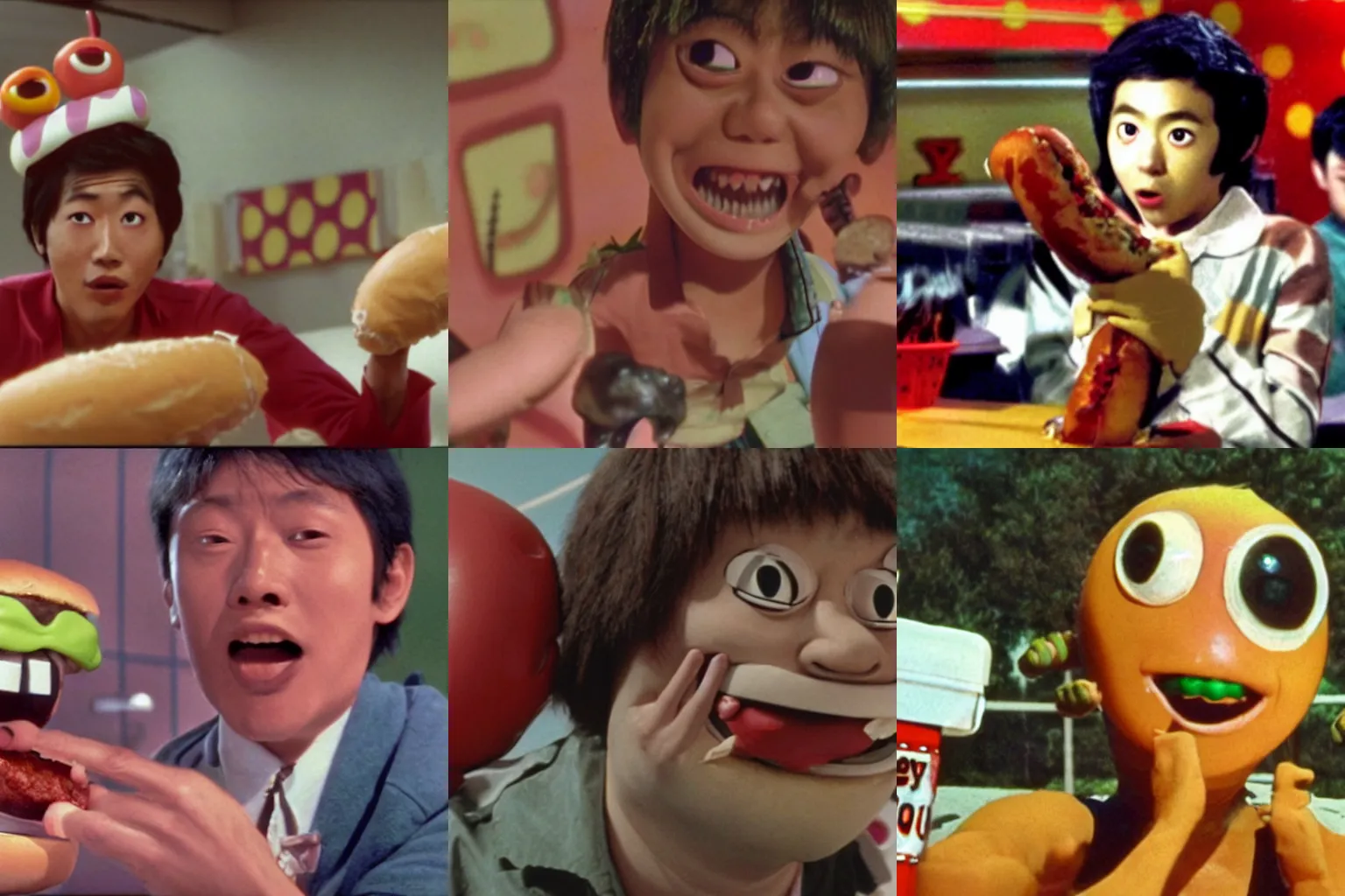 Prompt: Color movie still of Ayumu Kasuga in 'Hot Dog monster vs Hamburger monster' by Ray Harryhausen