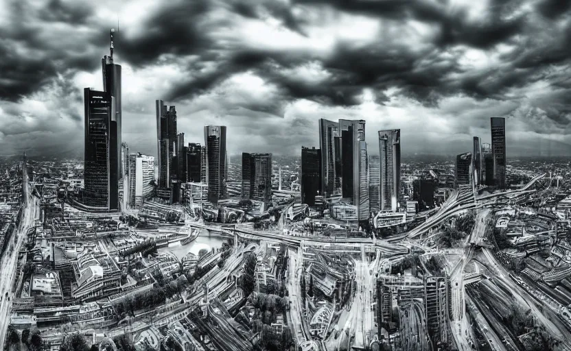 Prompt: a dramatic frankfurt skyline photo by ryan dyar, highly detailed, 8 k