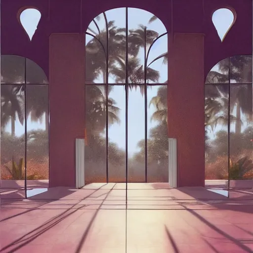 Image similar to indoor liminal space, golden light, greg rutkowski, palm trees, pink door, minimalistic, hyperrealistic surrealism, award winning masterpiece with incredible details, epic stunning, infinity pool mirrors, a surreal vaporwave liminal space with mirrors, highly detailed, trending on artstation, artgerm and greg rutkowski and alphonse mucha, daily deviation