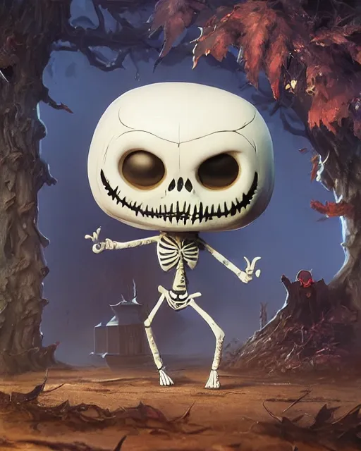 Image similar to Highly detailed Funko pop of jack skeleton, unreal engine, fantasy art by Greg Rutkowski, Loish, Rhads, Makoto Shinkai and Lois van baarle, ilya kuvshinov, rossdraws global illumination, radiant light, detailed and intricate environment