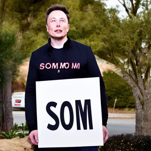 Image similar to a medium shot photograph of elon musk holding a sign with the word som on it, 4k, ultra HD