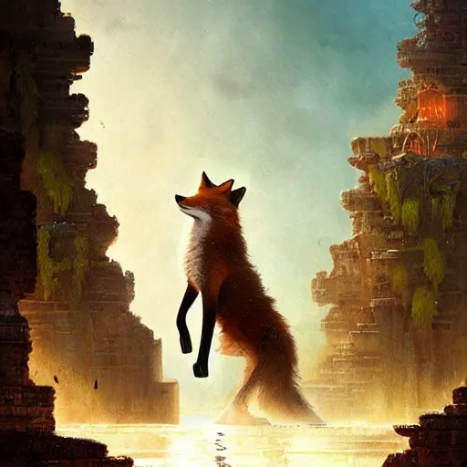 Prompt: a fox discovering the lost city of atlantis,digital art,detailed,ultra realistic,art by greg rutkowski