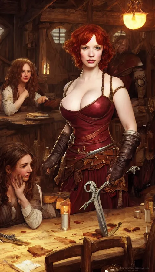 Image similar to young christina hendricks in a tavern, energetic, warhammer, lord of the rings, sweaty, strong, sword, intricate, highly detailed, digital painting, artstation, concept art, smooth, sharp focus, illustration, unreal engine 5, 8 k, art by artgerm and greg rutkowski and alphonse mucha