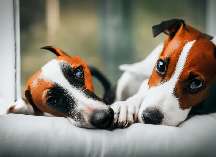 Image similar to photography of a Jack Russel . watching outside the window. on a bed. in a 70's room full of vinyls and posters, photorealistic, award winning photo, 100mm, sharp, high res